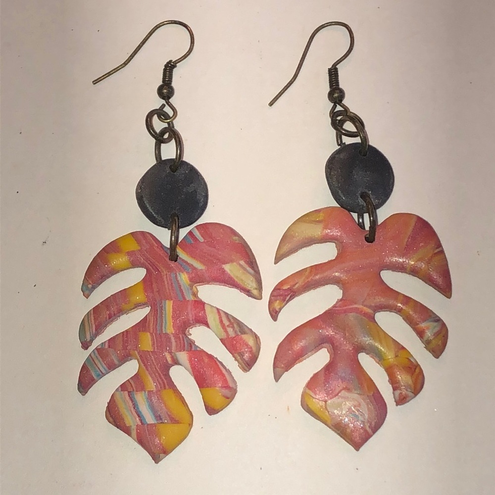 Colorful Boho Clay Leaf Earrings - Picture 2 of 4